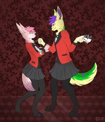  anthro blush bottomwear canid canine card clothed clothing cosplay digital_media_(artwork) duo female fennec_fox fox fur greenfluff hair hi_res holding_object identification jewelry kakegurui male male/female mammal necklace novafluff restraints samuelwolfo scared skirt smile suggestive tail_under_skirt true_fox uniform 