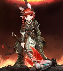  1boy animal_ears armor armored_boots armored_dress axe bad_end bigcat_114514 boots braid cat_ears cat_tail cosplay crossover doom_(series) doom_eternal energy_axe extra_ears female fire gauntlets hair_ribbon hell highres kaenbyou_rin looking_at_viewer marauder_(doom_eternal) marauder_(doom_eternal)_(cosplay) multiple_tails oerba_yun_fang pointy_ears red_eyes red_hair ribbon robot samuel_hayden severed_head smirk solo_focus standing stepped_on tail touhou twin_braids twitter_username 