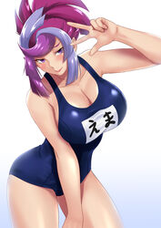  absurdres arm_up bessho_emma black_one-piece_swimsuit breasts cleavage cowboy_shot dyed_bangs female gradient_background highres large_breasts multicolored_hair muto_dt one-piece_swimsuit pink_hair purple_eyes purple_hair school_swimsuit solo swimsuit two-tone_hair white_background yu-gi-oh! yu-gi-oh!_vrains 