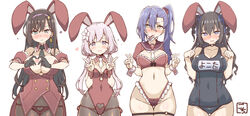  4girls @_@ adapted_costume animal_ears aqua_eyes artist_name assault_lily asymmetrical_bangs bare_arms bare_shoulders bent_v between_breasts black_bow black_choker black_gloves black_hair black_necktie black_one-piece_swimsuit blue_eyes blue_ribbon blush bow bow_bra bra breasts breasts_apart brown_hair brown_pantyhose brown_sailor_collar buttons choker cleavage closed_mouth clothing_cutout collarbone commentary_request covered_navel cowboy_shot detached_collar detached_sleeves double-breasted double_v drill_hair earrings embarrassed fake_animal_ears flower frilled_bra frilled_panties frilled_sleeves frills furrowed_brow gloves gochisousama_(tanin050) groin hair_between_eyes hair_flower hair_ornament hair_ribbon hair_scrunchie hairband hands_up heart heart_cutout heart_hair_ornament heart_hands high_side_ponytail highleg highleg_leotard highleg_panties highres honma_akehi id_card ishizuka_fujino jewelry kanba_girls_high_school_uniform large_breasts leotard long_hair looking_at_viewer low_twintails lowleg lowleg_panties medium_breasts mouth_hold multiple_girls necktie necktie_between_breasts nontraditional_playboy_bunny nose_blush o-ring o-ring_choker o-ring_thigh_strap one-piece_swimsuit panties panties_over_pantyhose pantyhose parted_lips paw_pose playboy_bunny puffy_detached_sleeves puffy_short_sleeves puffy_sleeves purple_eyes purple_hair purple_hairband rabbit_ears raised_eyebrows red_bra red_leotard red_panties red_scrunchie ribbon sailor_collar school_swimsuit school_uniform scrunchie shiozaki_suzume short_necktie short_sleeves shrug_(clothing) side-tie_panties side_cutout side_ponytail side_slit sidelocks simple_background standing stomach strapless strapless_bra strapless_leotard string_panties sweat sweatdrop swimsuit tailcoat tailcoat_playboy_bunny tearing_up thigh_gap thigh_strap twin_drills twintails two_side_up underwear v v-shaped_eyebrows very_long_hair wavy_hair white_background white_flower white_necktie wrist_cuffs yellow_eyes yokota_haruna zipper zipper_panties zipper_pull_tab 