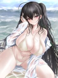  absurdres ahoge ass_visible_through_thighs azur_lane bare_shoulders beach bikini bikini_under_clothes black_hair blush breasts cameltoe caustics cleavage collarbone collared_shirt commentary_request day dress_shirt female groin hair_between_eyes halterneck hand_on_own_face hand_on_own_head hand_up head_tilt highleg highleg_bikini highres huge_breasts kneeling leaning_to_the_side light_rays long_hair long_sleeves looking_at_viewer multi-strapped_bikini navel noa_(skae3323) ocean off_shoulder official_alternate_costume on_ground one_side_up open_clothes open_shirt outdoors raised_eyebrows red_eyes see-through shirt side-tie_bikini_bottom side_ponytail sideboob skindentation smile solo string_bikini sunbeam sunlight swimsuit taihou_(azur_lane) taihou_(seaside_daydreams)_(azur_lane) thighs very_long_hair water waves wet wet_clothes wet_hair wet_shirt wet_swimsuit white_bikini white_shirt 