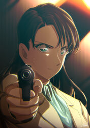  aiming aiming_at_viewer brown_hair closed_mouth female formal green_eyes gun handgun highres holding holding_weapon lapels long_hair looking_at_viewer meitantei_conan miyano_akemi notched_lapels solo sooma4869 suit weapon white_suit 