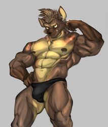  abs anothereidos_of_dragon_vein_r anthro clothed clothing dagantfus_(artist) hi_res hyena male mammal muscular muscular_anthro muscular_male nipple_piercing nipples nitro_(anothereidos_r) partially_clothed pecs piercing solo underwear vein veiny_muscles 