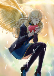  :d angel_wings black_jacket blonde_hair blue_dress blue_footwear blue_pants closed_eyes dress feathered_wings feathers female floating_hair gacha-m gundam gundam_narrative heart holding jacket long_hair long_sleeves open_clothes open_jacket open_mouth pants pants_under_dress photoshop_(medium) rita_bernal short_dress smile solo sunlight swept_bangs white_feathers white_wings wings yellow_wings 