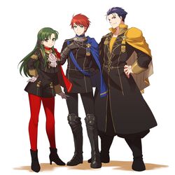  2boys ankle_boots armored_boots blue_cape blue_eyes boots cape claude_von_riegan claude_von_riegan_(cosplay) closed_mouth commentary_request cosplay dimitri_alexandre_blaiddyd dimitri_alexandre_blaiddyd_(cosplay) edelgard_von_hresvelg edelgard_von_hresvelg_(cosplay) eliwood_(fire_emblem) female fire_emblem fire_emblem:_the_blazing_blade fire_emblem:_three_houses fire_emblem_heroes garreg_mach_monastery_uniform gauntlets gloves green_eyes green_hair hair_between_eyes hair_ribbon hector_(fire_emblem) highres knee_boots kori_kms long_hair looking_at_viewer lyn_(fire_emblem) multiple_boys pantyhose purple_eyes purple_hair purple_ribbon red_cape red_hair red_pantyhose ribbon short_hair side_cape simple_background smile white_background white_gloves yellow_cape 