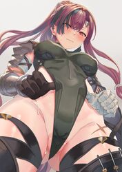  adjusting_clothes adjusting_leotard ass_visible_through_thighs bandaged_arm bandages blush breasts covered_navel covered_nipples cross_scar female from_below gloves granblue_fantasy highleg highleg_leotard highres large_breasts leotard leotard_tug meg_(granblue_fantasy) nuko_(mikupantu) ponytail scar single_glove solo sweat 