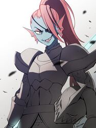  3:4 animal_humanoid armor blue_body blue_skin ear_fins eye_patch eyewear female fin fish fish_humanoid gills hair headgear helmet hi_res humanoid looking_at_viewer marine marine_humanoid noaharbre ponytail pupils red_hair sharp_teeth simple_background slit_pupils smile solo teeth undertale_(series) undyne yellow_sclera 