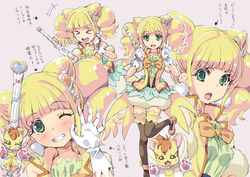  &gt;_&lt; :d :o ;d aqua_skirt black_legwear blonde_hair blush choker claw_pose closed_mouth collared_vest commentary_request cone_hair_bun cure_sparkle earrings excited feline female gem gloves green_eyes grin hair_bun hair_ornament healin&#039;_good_precure healing_animal healing_wand heart heart_hair_ornament hiramitsu_hinata homing_(areya) jewelry leg_up magical_girl multiple_views nyatoran_(precure) one_eye_closed open_mouth pantyhose pearl_hair_ornament pink_background pom_pom_(clothes) pom_pom_earrings precure serious shoes simple_background skirt smile translation_request twintails v v-shaped_eyebrows vest white_gloves yellow_choker yellow_vest 