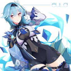  arm_up artist_name blue_hair bodystocking breasts character_name dark_hound_3 eula_(genshin_impact) female genshin_impact hairband half-closed_eyes highres long_sleeves looking_at_viewer medium_breasts solo thigh_strap thighhighs 