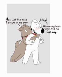  anthro bandana blush brian_griffin canid canine canis collar domestic_dog duo english_text family_guy fur kerchief knotsosfw male male/male mammal new_brian open_mouth red_bandanna red_collar red_kerchief simple_background tan_body tan_fur text white_body white_fur 