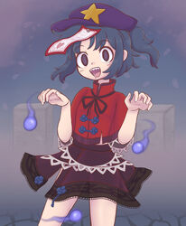  :d black_skirt blue_hair contrapposto drooling female hat hat_ornament heart heart_print highres hitodama jiangshi keb00b looking_at_viewer miniskirt miyako_yoshika mouth_drool ofuda open_mouth outstretched_arms sharp_teeth short_hair skirt smile solo star_(symbol) star_hat_ornament teeth tombstone touhou zombie_pose 