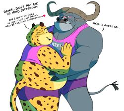  2021 anthro anthro_on_anthro belly benjamin_clawhauser big_belly big_muscles blush bottomwear bovid bovine cape_buffalo cheetah chief_bogo claws closed_eyes clothed clothing countershading crop_top dialogue disney duo english_text felid feline fingers fur heart_symbol hi_res hooved_fingers hooves horn hotpants hug looking_at_another male male/male mammal muscular muscular_anthro muscular_male obese overweight overweight_anthro overweight_male romantic romantic_couple shirt shorts simple_background smile splashburr standing tank_top text topwear tuft whiskers white_background zootopia 