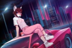  2021 3:2 anthro bottomwear breasts brown_hair building car city clothed clothing detailed_background digital_media_(artwork) eyebrows eyelashes eyewear felid feline female ferrari ferrari_testarossa footwear glasses hair iskra kordi lynx mammal night on_car on_roof on_vehicle outside pants pink_bottomwear pink_clothing pink_pants shoes sitting sky skyscraper smile sneakers solo star starry_sky street_lamp synthwave topwear urban vehicle white_clothing white_topwear 