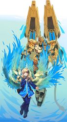  assault_visor blonde_hair blue_eyes female golden_wings greatwhite1122 gundam gundam_narrative hand_on_own_chest highres looking_down mecha mechanical_wings multiple_wings open_hand rita_bernal robot unfinished unicorn_gundam_phenex wings 