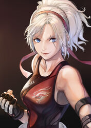  blonde_hair blue_eyes clenched_hands elbow_gloves female fighting_stance gloves hair_ribbon hinoru_saikusa lidia_sobieska long_hair looking_at_viewer muscular muscular_female ponytail red_tank_top ribbon scar scar_across_eye scar_on_face solo tank_top tekken tekken_7 