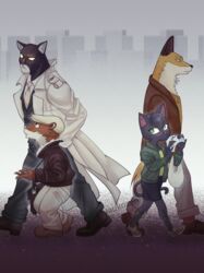  anthro black_body black_fur blacksad canid canine clothed clothing crossover domestic_cat duo felid feline felis female fox fur fuyuki_yamamoto_(odd_taxi) group john_blacksad male mammal mustelid musteline odd_taxi sakura_wadagaki_(odd_taxi) topwear true_musteline weasel weekly yauko 