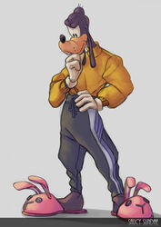  anthro black_eyes black_nose bottomwear canid canine canis clothed clothing disney domestic_dog footwear freckles gloves goofy_(disney) hand_on_hip handwear hi_res male mammal pants pondering saucysundae shoes simple_background slippers solo standing sweater thinking topwear white_background 