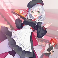  1boy apron artist_name bird black_necktie bow braid burger character_name chicken cup dark_hound_3 diluc_(genshin_impact) diluc_(kfc)_(genshin_impact) dress drink drinking_straw employee_uniform fast_food_uniform female food genshin_impact green_eyes grey_hair hairbow hat highres kfc long_hair long_sleeves necktie noelle_(genshin_impact) noelle_(kfc)_(genshin_impact) official_alternate_costume open_mouth pantyhose ponytail red_eyes red_hair short_hair smile tray uniform vest white_pantyhose 