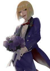  1boy :d absurdres blonde_hair blue_pants blue_suit blunt_bangs bouquet bow bowtie flower formal gloves green_eyes highres holding holding_bouquet male_focus open_mouth pants red_bow riemartan rook_hunt simple_background smile solo striped_clothes striped_vest suit twisted_wonderland vest white_background white_gloves 