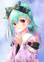  :o absurdres animal_print bare_shoulders blush bow butterfly_print chestnut_mouth female fur_scarf gradient_hair green_hair hair_bun hairbow highres hololive japanese_clothes kimono long_hair looking_at_viewer multicolored_hair nail_polish off_shoulder official_alternate_costume pink_hair pink_kimono red_eyes shirt single_side_bun solo steepled_fingers upper_body uruha_rushia uruha_rushia_(new_year) virtual_youtuber white_shirt yukikawa_sara 