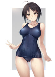  absurdres ahoge ass_visible_through_thighs black_hair blue_one-piece_swimsuit blush breasts clenched_hand collarbone contrapposto covered_navel covered_nipples cowboy_shot crotch_seam dripping female grin groin hair_intakes highres impossible_clothes impossible_swimsuit kanata_(kanata_onion) looking_at_viewer medium_breasts old_school_swimsuit one-piece_swimsuit original outside_border parted_bangs photoshop_(medium) school_swimsuit shiny_clothes shiny_skin short_hair sidelocks smile solo standing swimsuit v wet wet_clothes wet_swimsuit yellow_eyes 