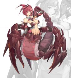  absurdres arm_up arthropod_girl bare_shoulders breasts carapace cleavage closed_mouth collarbone colored_skin commentary_request female full_body grey_skin highres horns looking_at_viewer medium_breasts monster_girl multiple_legs navel original pincers red_eyes red_hair scales scorpion_girl shitoi_(aqua1487) short_hair sidelocks smile standing stinger stomach sweat taur white_background zoom_layer 