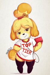  2021 2:3 accessory animal_crossing anthro arms_bent blonde_hair blush canid canine canis clothed clothing domestic_dog electronics english_text female floppy_ears footwear game_console hair hair_accessory handheld handheld_console hi_res holding_3ds holding_console holding_object isabelle_(animal_crossing) mammal nauskills nintendo nintendo_3ds nintendo_3ds_console nintendo_console nintendo_ds_family print_clothing print_shirt print_t-shirt print_topwear shirt signature simple_background smile solo standing straight_legs stylus_charm t-shirt text text_on_clothing text_on_shirt text_on_t-shirt text_on_topwear text_print topwear 