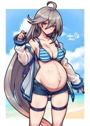 absurdres ahoge artist_name bare_shoulders bikini bikini_bottom_under_shorts bikini_under_clothes blue_shorts border breasts cleavage closed_mouth commentary commission cowboy_shot denim denim_shorts english_commentary female full_cleavage grey_hair hair_between_eyes hand_up highleg highleg_bikini highres jacket ko-fi_commission laevateinn_(phantom_of_the_kill) large_breasts light_blush long_hair long_sleeves looking_at_viewer micro_shorts navel o-ring o-ring_bikini o-ring_top off_shoulder official_alternate_costume open_clothes open_fly open_jacket outie_navel outside_border phantom_of_the_kill pregnant red_eyes rotomdocs see-through_clothes see-through_jacket shorts skindentation solo standing string_bikini striped_bikini striped_clothes swimsuit thigh_strap v-shaped_eyebrows very_long_hair white_border white_jacket 