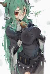  animal_ears bead_necklace beads bell black_dress black_gloves black_sclera breasts coffin_hair_ornament colored_sclera commentary cow_ears cow_girl cow_horns cowbell crelly crelly_(mold_mother) cross-shaped_pupils dress female gloves green_hair grey_eyes grey_sclera hands_on_own_chest heterochromia highres horns indie_virtual_youtuber ip_chort jewelry large_breasts long_hair makeup mismatched_pupils mismatched_sclera mold necklace red_eyes runny_makeup solo symbol-shaped_pupils untranslatable_commentary virtual_youtuber white_background 