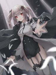  absurdres arcaea black_dress black_jacket black_thighhighs broken_glass collared_dress commentary_request cowboy_shot dress female garter_belt glass glass_shards grey_hair high-low_dress highres ilith_(arcaea) jacket jacket_on_shoulders long_sleeves looking_at_viewer mgr_palelight neck_ribbon open_mouth outstretched_hand red_eyes ribbon short_hair smile solo thighhighs twintails wide_sleeves 