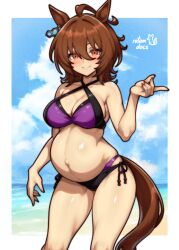  absurdres agnes_tachyon_(umamusume) ahoge animal_ear_piercing animal_ears bikini black_bikini blue_sky border breasts brown_eyes brown_hair brown_tail cleavage closed_mouth cloud cloudy_sky commentary criss-cross_halter day earrings english_commentary female hair_between_eyes halterneck hand_up highres horizon horse_ears horse_girl horse_tail huge_ahoge jewelry large_breasts layered_bikini looking_at_viewer navel ocean outie_navel outside_border pregnant purple_bikini rotomdocs short_hair side-tie_bikini_bottom single_earring skindentation sky smile solo stomach swimsuit tail thighs umamusume white_border 