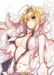  blonde_hair bodysuit breasts cleavage commentary_request fate/extra fate/extra_ccc fate_(series) female flower gloves green_eyes hair_intakes large_breasts mom_29_mom nero_claudius_(bride)_(fate) nero_claudius_(fate) no_bra open_clothes solo twitter_username white_bodysuit white_gloves zipper 