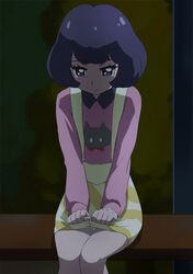  akeboshi_karin animal_print blue_eyes blue_hair cat_print collared_shirt cowboy_shot dark female flat_chest go!_princess_precure haruyama_kazunori long_sleeves looking_down night panties pantyshot pencil_skirt precure sad shirt short_hair sitting skirt skirt_tug solo suspender_skirt suspenders tears tree underwear wavy_mouth white_panties 