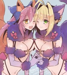  2girls :d ;) ;d animal_ears asymmetrical_docking blonde_hair blue_background breast_press breasts brown_eyes brown_tail cleavage commentary_request cosplay elbow_gloves fate/extra fate/grand_order fate_(series) fox_ears fox_tail gloves green_eyes halloween_costume holding_hands large_breasts long_hair looking_at_viewer mash_kyrielight mash_kyrielight_(dangerous_beast) mash_kyrielight_(dangerous_beast)_(cosplay) matching_outfits mom_29_mom multiple_girls navel nero_claudius_(fate) nero_claudius_(fate/extra) one_eye_closed open_mouth purple_gloves purple_hair purple_tail simple_background smile tail tamamo_(fate) tamamo_no_mae_(fate/extra) teeth twitter_username wolf_ears 