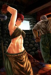  1boy abazu-red abs anvil apron arm_up armpits bandeau blacksmith blacksmith_tongs blue_eyes commentary_request female gloves glowing_hot green_skirt hammer highres indoors lips looking_away looking_down midriff muscular navel original rafters red_hair short_hair signature skirt stone_wall toned tongs waist_apron wall window 