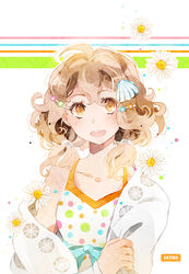  bad_id bad_pixiv_id bare_shoulders brown_eyes brown_hair camisole daisy eyelashes female flower hair_ornament hairclip hetiru highres looking_at_viewer open_mouth original photoshop_(medium) polka_dot seashell shell shell_hair_ornament short_hair short_twintails smile solo twintails upper_body wavy_hair 