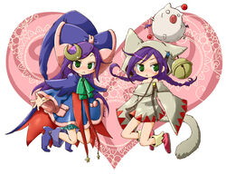  akuyu akuyuu_(akuyuworld) bell black_mage boots braid cape faris_scherwiz female final_fantasy final_fantasy_5 full_body green_eyes hair_ornament hat long_hair moogle purple_hair robe solo twin_braids variations white_background white_mage witch_hat 