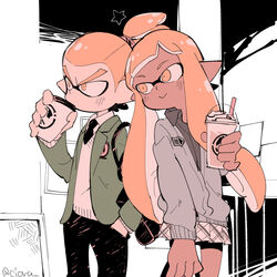  1boy army-kun_(splatoon) bag black_pants blazer blunt_bangs blush cardigan coffee commentary_request cowboy_shot cup dark_skin dress_shirt drinking drinking_straw emblem female forge-chan_(splatoon) hair_slicked_back hand_in_pocket holding inkling inkling_boy inkling_girl inkling_player_character jacket long_hair looking_at_another looking_back miniskirt monochrome_background necktie orange_eyes orange_hair pants plaid plaid_skirt pleated_skirt pointy_ears school_bag school_uniform scrunchie serizawa_nae shirt short_hair skirt smile splatoon_(manga) splatoon_(series) splatoon_1 squid standing star_(symbol) sweater tentacle_hair topknot twitter_username v-neck white_shirt 