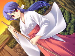  blue_eyes broom ebizuka_shino female hair_ribbon hakama japanese_clothes long_hair looking_at_viewer miko outdoors red_eyes red_hakama ribbon solo underbar_summer 