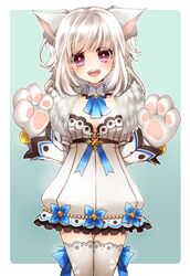  aisha_landar alternate_hair_color alternate_hairstyle animal_ears animal_hands bad_id bad_pixiv_id blue_background cat_ears detached_collar elsword female fur_trim kemonomimi_mode limble purple_eyes rounded_corners short_hair skirt smile solo thighhighs white_hair white_thighhighs zettai_ryouiki 