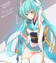  aqua_hair commentary_request dragon_horns fate/grand_order fate_(series) female horns japanese_clothes kimono kiyohime_(fate) long_hair looking_at_viewer mom_29_mom panties smile solo thighhighs twitter_username underwear white_panties white_thighhighs yellow_eyes 