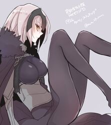  armor ass black_pantyhose blue_background breasts cape commentary_request fate/grand_order fate_(series) female fur_trim grey_hair helmet jeanne_d&#039;arc_alter_(avenger)_(fate) jeanne_d&#039;arc_alter_(avenger)_(first_ascension)_(fate) jeanne_d&#039;arc_alter_(fate) large_breasts long_hair looking_at_viewer mom_29_mom pantyhose simple_background smile solo yellow_eyes 