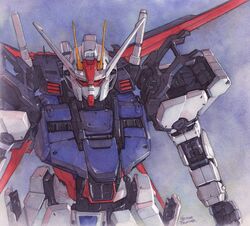  absurdres aile_strike_gundam artist_name commentary gundam gundam_seed hector_trunnec highres mecha no_humans painting_(medium) robot strike_gundam traditional_media watercolor_(medium) 