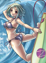  absurdres ass bad_id bad_pixiv_id bikini brown_eyes butt_crack female getsumenjin green_hair highres looking_back original short_hair solo surfboard surfboard_leash surfing swimsuit waves 