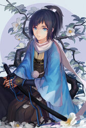  1boy black_hair blue_eyes bow branch bridal_gauntlets camellia commentary flower guan_tang_baozi hairbow haori highres japanese_clothes katana male_focus mole mole_under_eye parted_lips photoshop_(medium) pom_pom_(clothes) ponytail scarf shinsengumi solo sword touken_ranbu weapon white_scarf yamato-no-kami_yasusada 