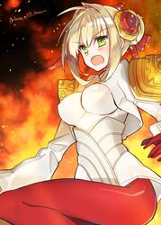  armor blonde_hair breasts commentary_request covered_nipples fate/extella fate/extra fate_(series) female fire gloves green_eyes large_breasts mom_29_mom nero_claudius_(fate) nero_claudius_(fate/extra) nero_claudius_(moon_crux)_(fate) official_alternate_costume open_mouth red_gloves shoulder_armor solo twitter_username 