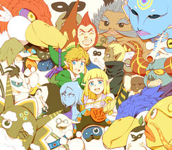  2girls bad_id bad_pixiv_id bird blonde_hair blue_eyes blue_hair blush commentary_request dark-skinned_male dark_skin fi_(zelda) ghirahim glasses goro goron groose hat highres impa kikwi link loftwing long_hair master_sword monkey multiple_boys multiple_girls one_eye_closed open_mouth pointy_ears princess_zelda red_hair saiba_(henrietta) short_hair smile sword the_legend_of_zelda the_legend_of_zelda:_skyward_sword weapon white_hair 