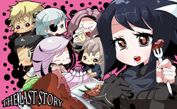  &gt;_&lt; 3girls 4boys alcohol aq_interactive beer black_hair blonde_hair blush brown_hair chibi closed_eyes crsk elza_(the_last_story) eyepatch food fork gloves green_eyes happy jackal_(the_last_story) kanan_(the_last_story) manamia mistwalker multiple_boys multiple_girls nintendo open_mouth quark_(the_last_story) red_eyes red_hair seiren_(the_last_story) silver_hair sweatdrop the_last_story yuris_(the_last_story) 