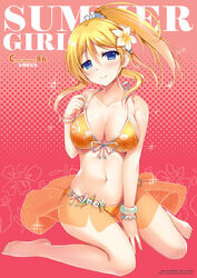  ayase_eli bad_id bad_pixiv_id barefoot between_legs bikini blonde_hair blue_eyes blush bracelet breasts cleavage comiket_86 english_text female floral_print flower front-tie_top hair_flower hair_ornament halftone halftone_background hand_between_legs jewelry large_breasts long_hair love_live! love_live!_school_idol_project navel orange_bikini ponytail print_bikini sarong see-through shiny_skin side-tie_bikini_bottom sitting smile solo sousouman strap_lift swimsuit wariza 