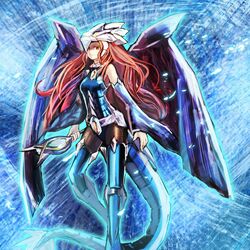  armor armpits blue_wings dragon_tail dragon_wings duel_monster female gishki_emilia helmet highres komakinyan long_hair long_sleeves looking_at_viewer mirror nekroz_of_gungnir red_eyes red_hair solo tail wings yu-gi-oh! yuu-gi-ou_duel_monsters 